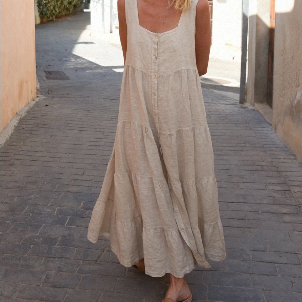 Maternity Beachwood Linen Women's Cream Tiered Summer Sundress - Picture 3 of 8